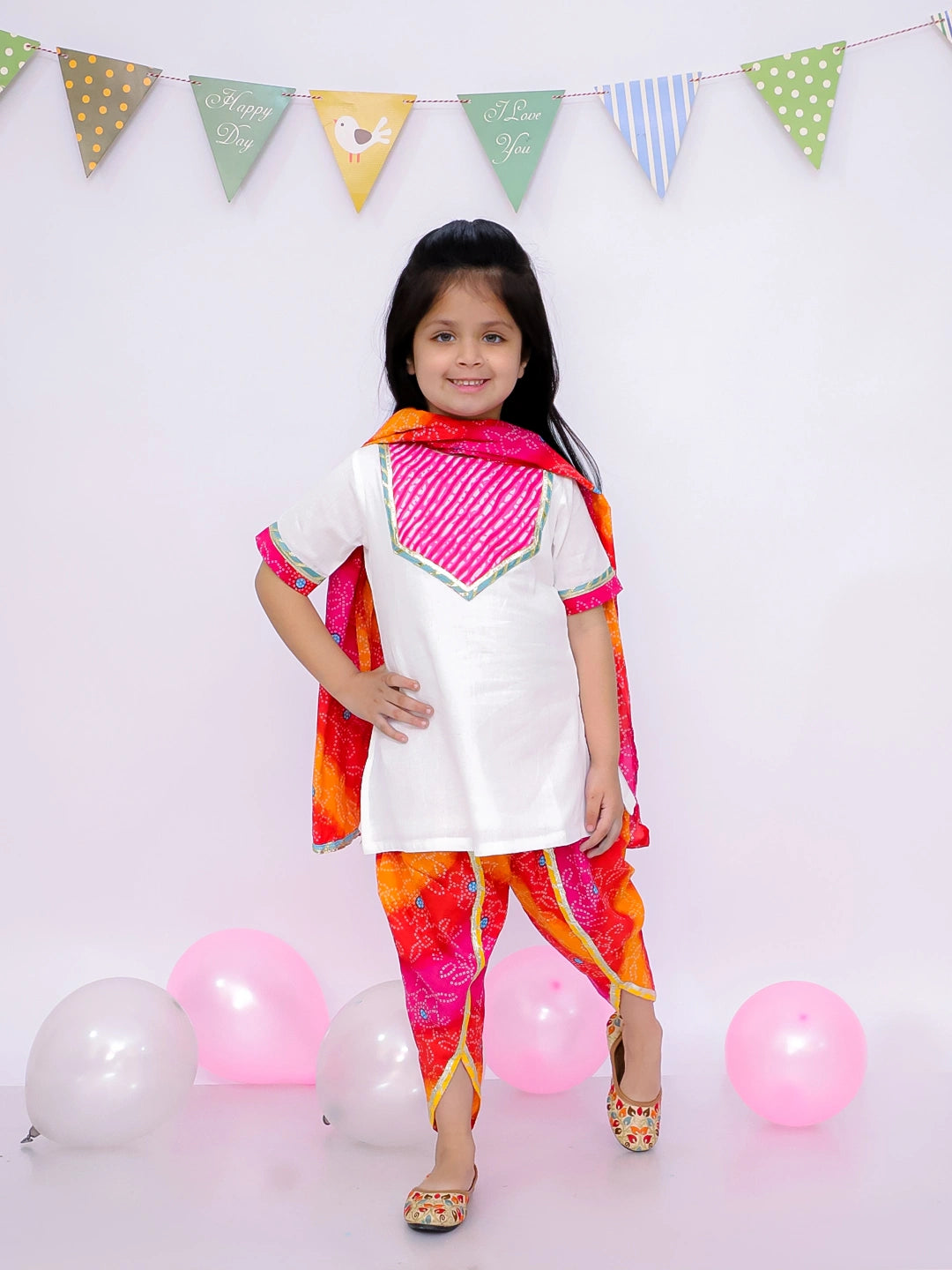 BownBee Ethnic Elbow Sleeve Pure Cotton Bandhni Suit Set With Dupatta For Girls