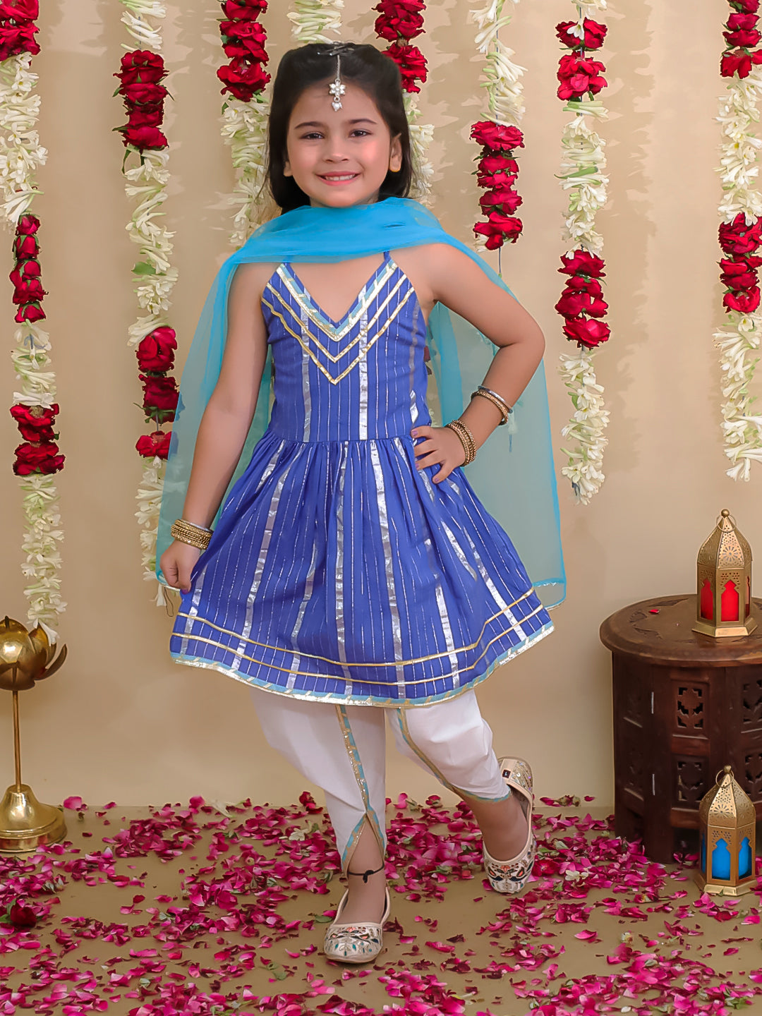 BownBee Pure Cotton Lurex Kurti with Dhoti & Dupatta Set for Girls | Kids Ethnic Wear - Blue