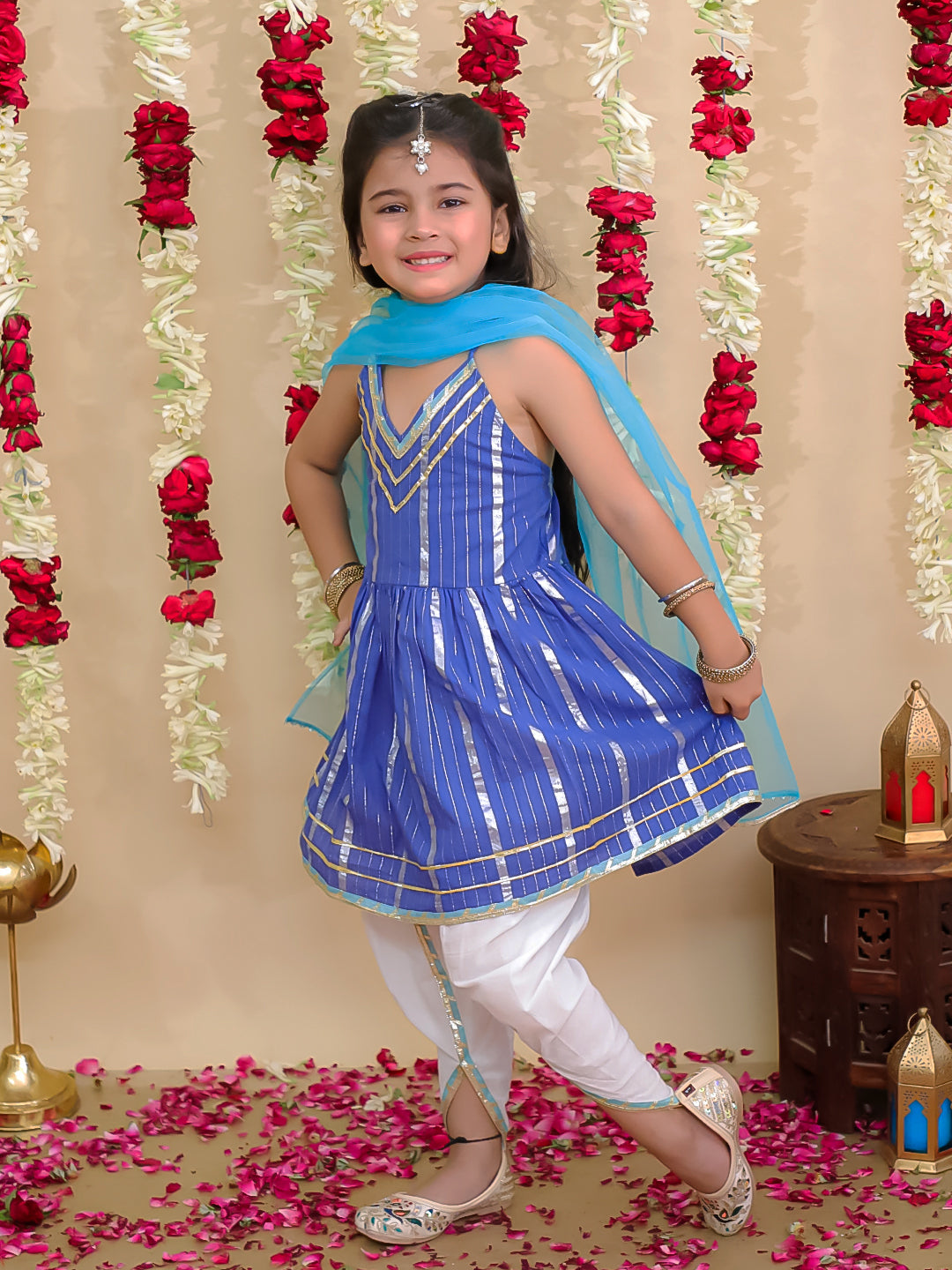 BownBee Pure Cotton Lurex Kurti with Dhoti & Dupatta Set for Girls | Kids Ethnic Wear - Blue
