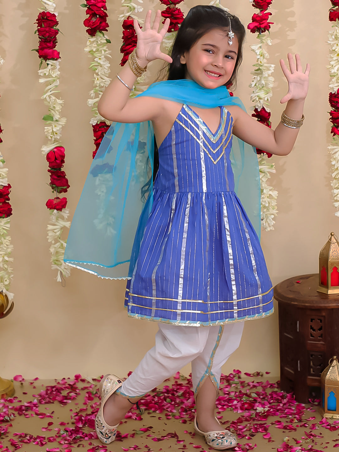 BownBee Pure Cotton Lurex Kurti with Dhoti & Dupatta Set for Girls | Kids Ethnic Wear - Blue