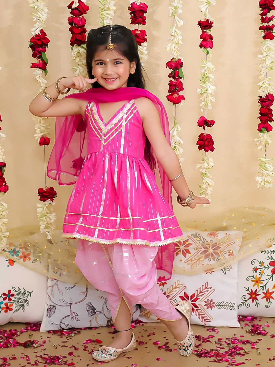 BownBee Pure Cotton Lurex Kurti with Dhoti & Dupatta Set for Girls | Kids Ethnic Wear