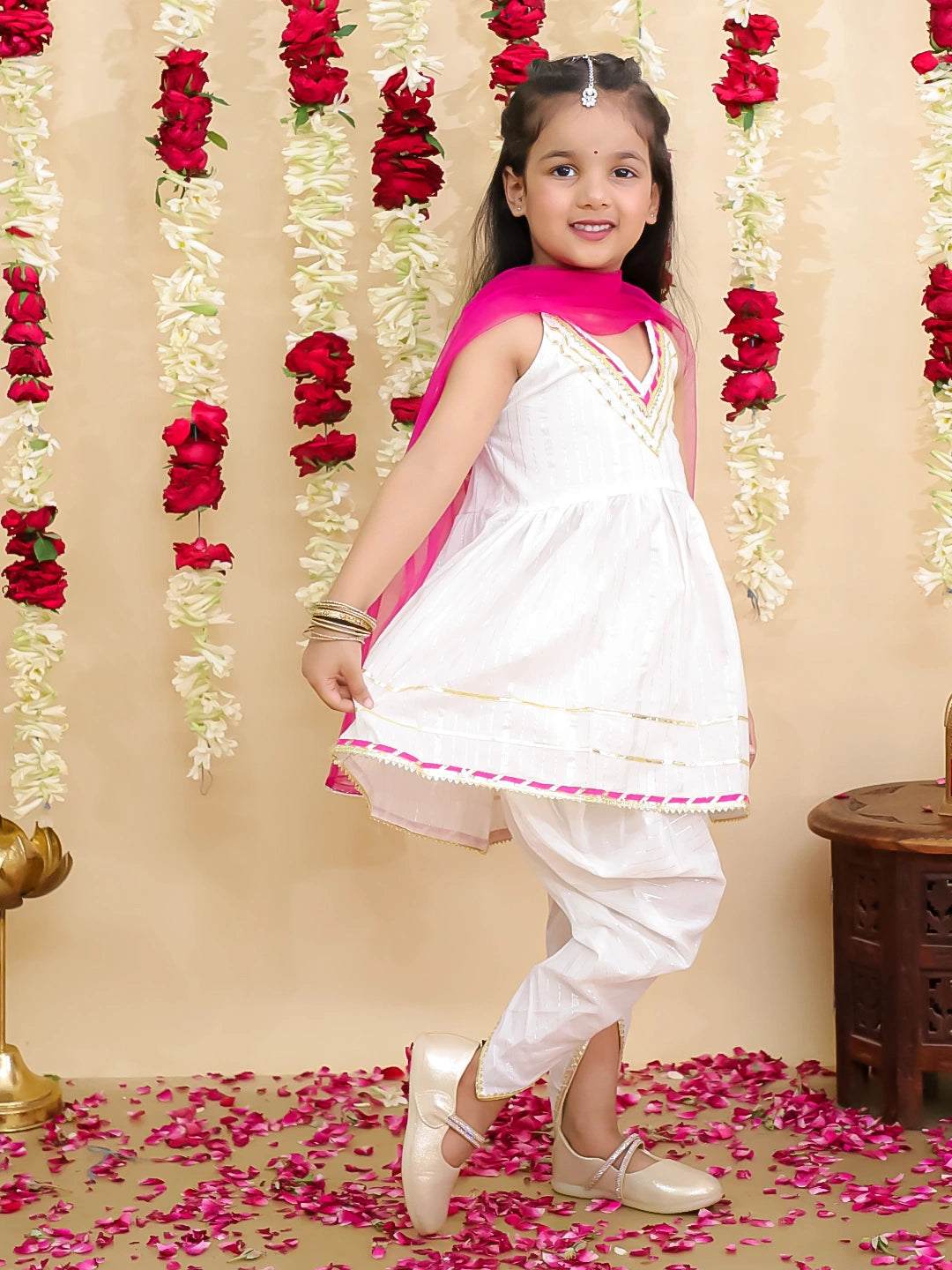 BownBee Pure Cotton Lurex Kurti with Dhoti & Dupatta Set for Girls | Kids Ethnic Wear