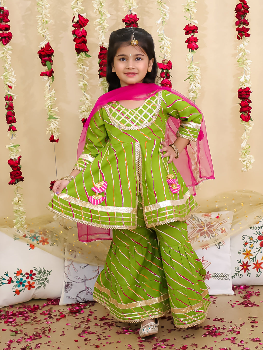 BownBee Pure Cotton Lurex Sharara Set & Kurta Pajama Sibling Set - Green