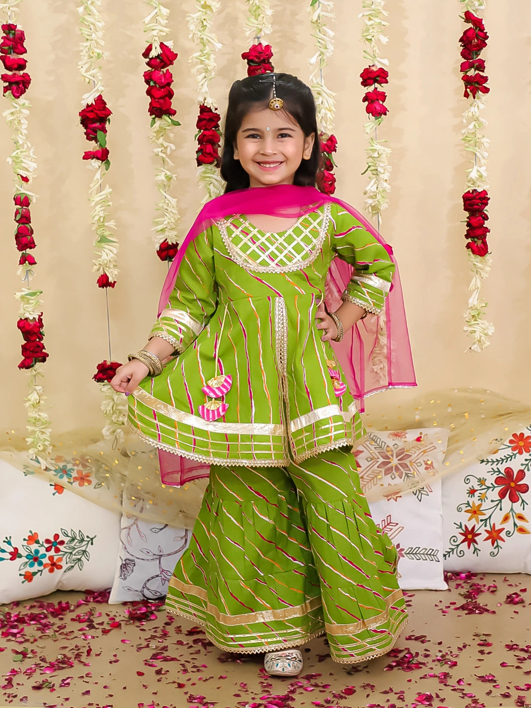 BownBee Pure Cotton Lurex Kurti & Sharara with Dupatta for Girls | Festive Ethnic Wear – Pink