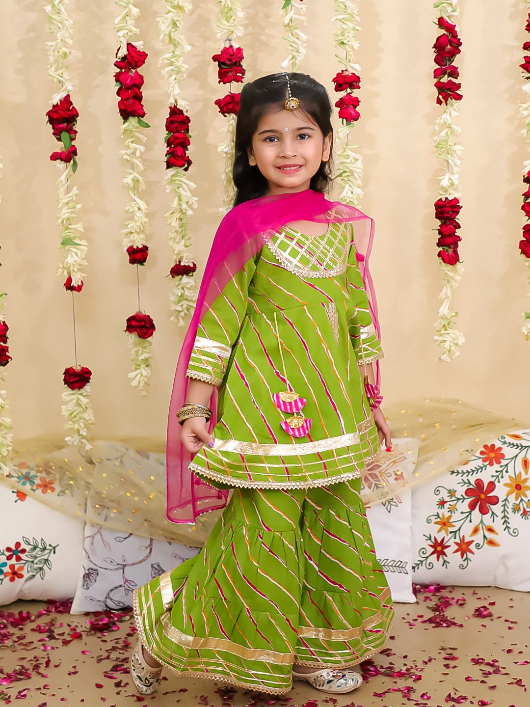 BownBee Pure Cotton Lurex Kurti & Sharara with Dupatta for Girls | Festive Ethnic Wear – Red