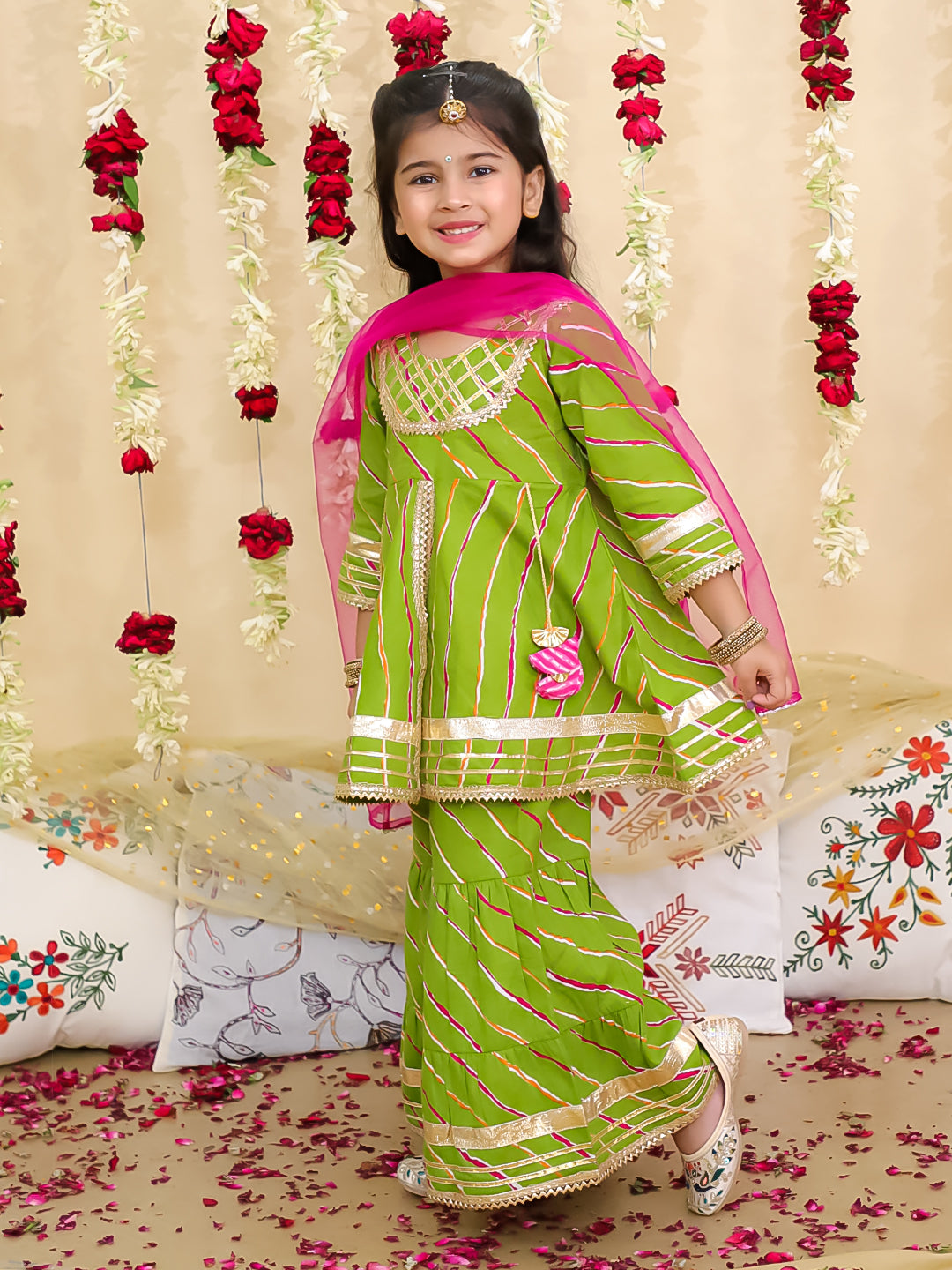 BownBee Pure Cotton Lurex Kurti & Sharara with Dupatta for Girls | Festive Ethnic Wear – Red