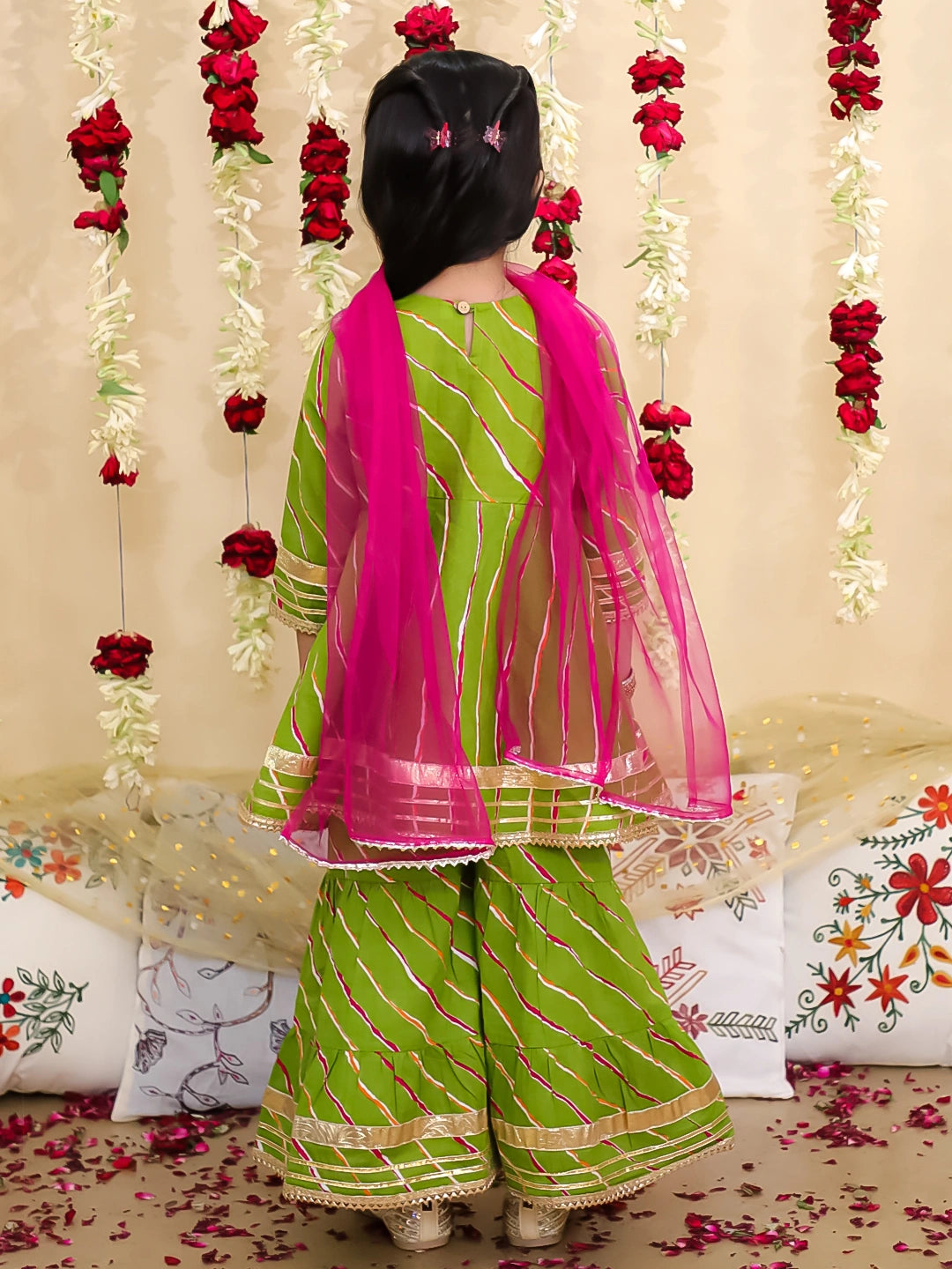 BownBee Pure Cotton Lurex Kurti & Sharara with Dupatta for Girls | Festive Ethnic Wear – Green