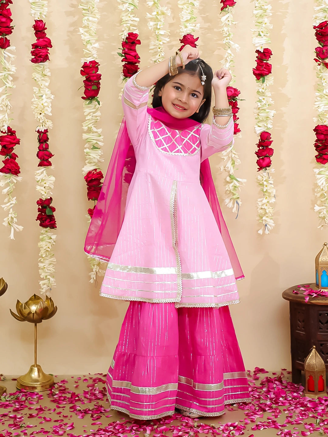 BownBee Pure Cotton Lurex Kurti & Sharara with Dupatta for Girls | Festive Ethnic Wear – Green