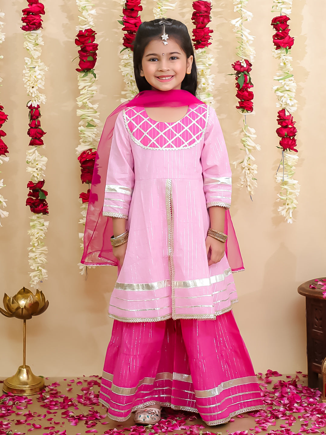 BownBee Pure Cotton Lurex Kurti & Sharara with Dupatta for Girls | Festive Ethnic Wear – Red