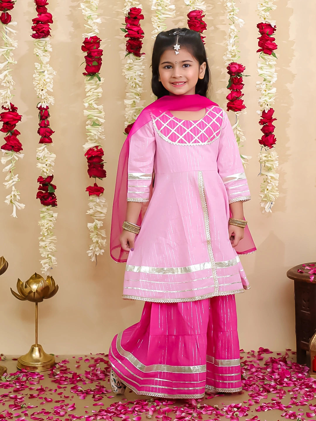 BownBee Pure Cotton Lurex Kurti & Sharara with Dupatta for Girls | Festive Ethnic Wear – Yellow