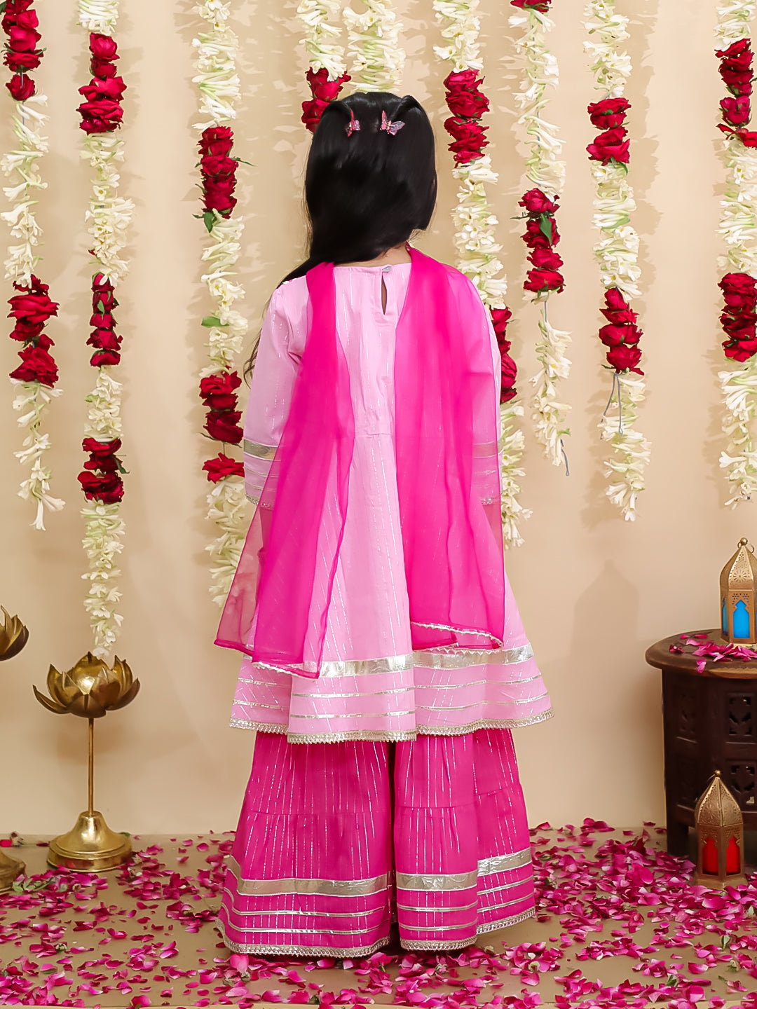 BownBee Pure Cotton Lurex Kurti & Sharara with Dupatta for Girls | Festive Ethnic Wear – Red