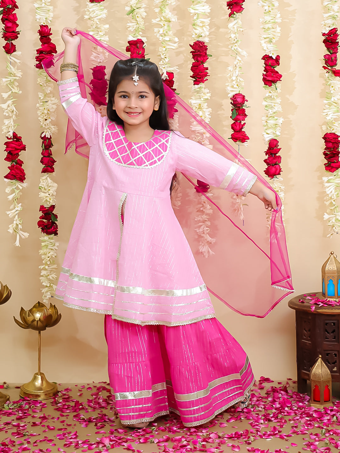BownBee Pure Cotton Lurex Sharara Set & Kurta Pajama Sibling Set -Pink