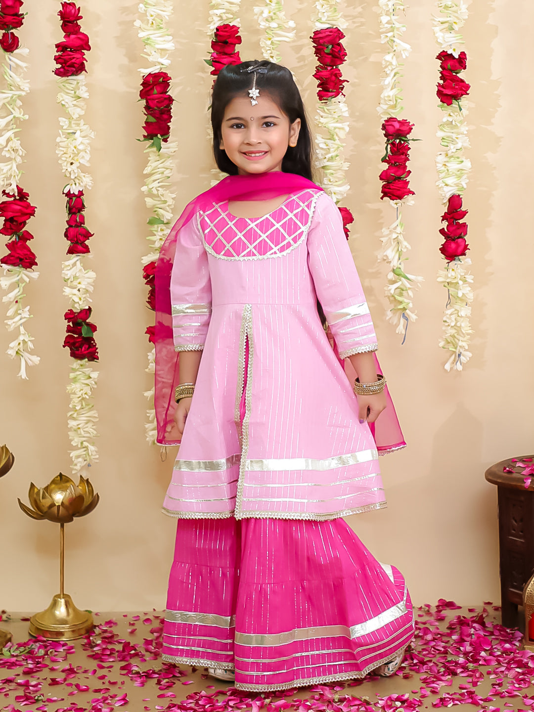 BownBee Pure Cotton Lurex Sharara Set & Kurta Pajama Sibling Set -Pink