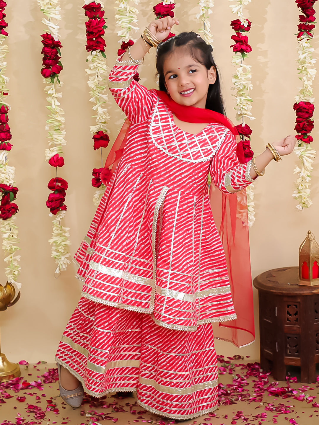 BownBee Pure Cotton Lurex Sharara Set & Kurta Pajama Sibling Set - Red