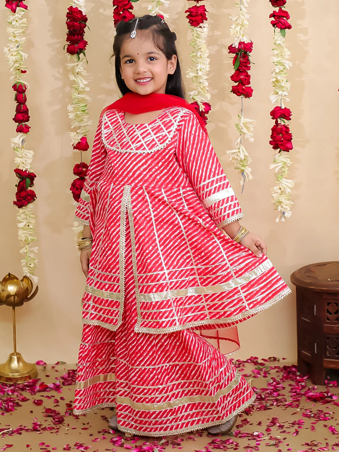 BownBee Pure Cotton Lurex Kurti & Sharara with Dupatta for Girls | Festive Ethnic Wear – Red