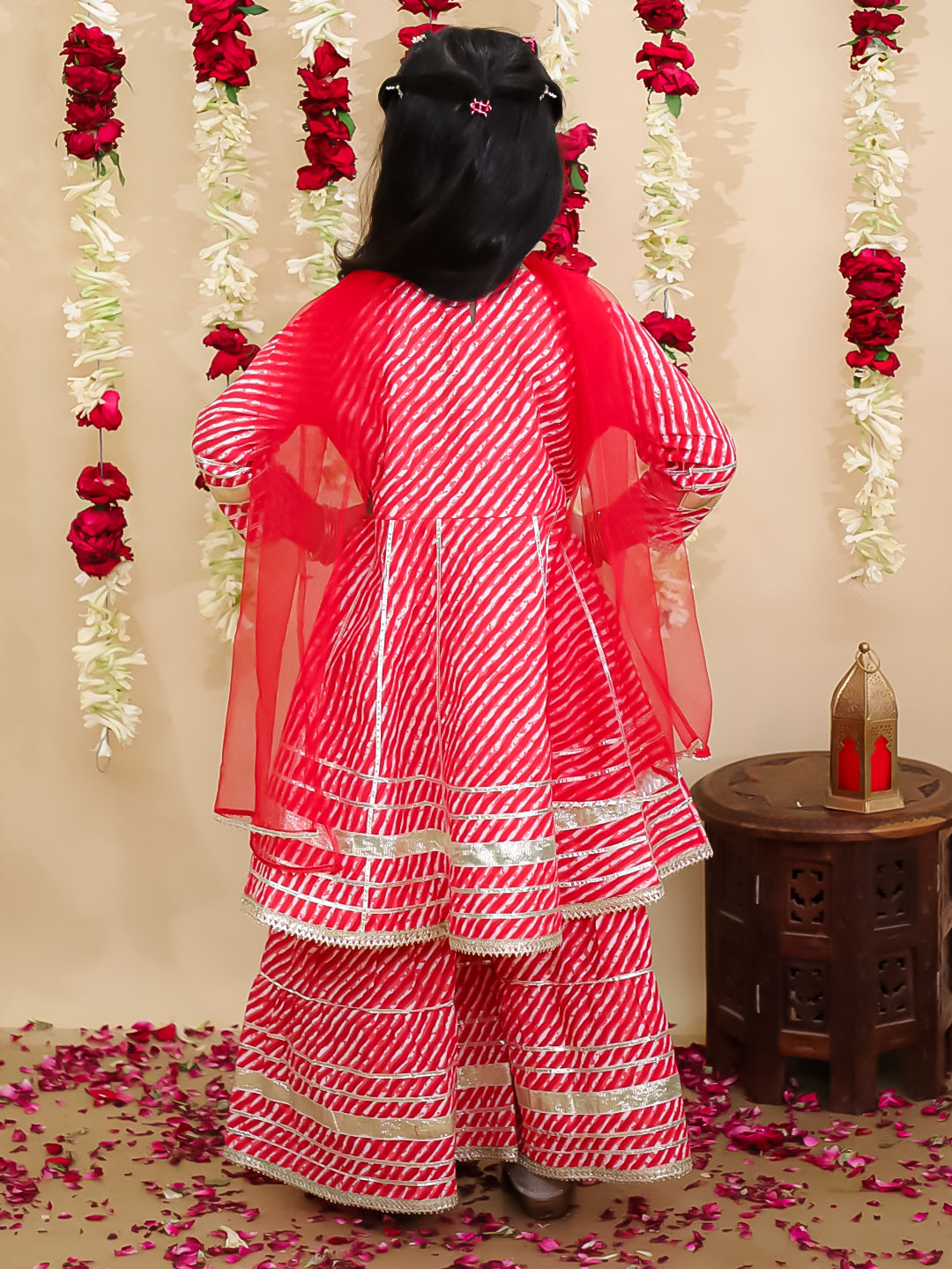 BownBee Pure Cotton Lurex Sharara Set & Kurta Pajama Sibling Set - Red