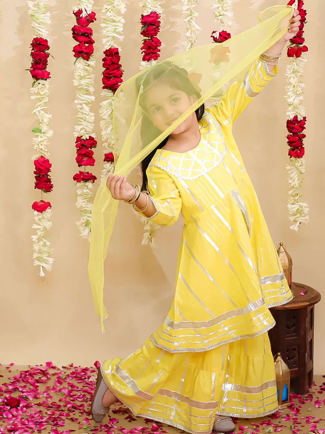 BownBee Pure Cotton Lurex Sharara Set & Kurta Pajama Sibling Set - Yellow