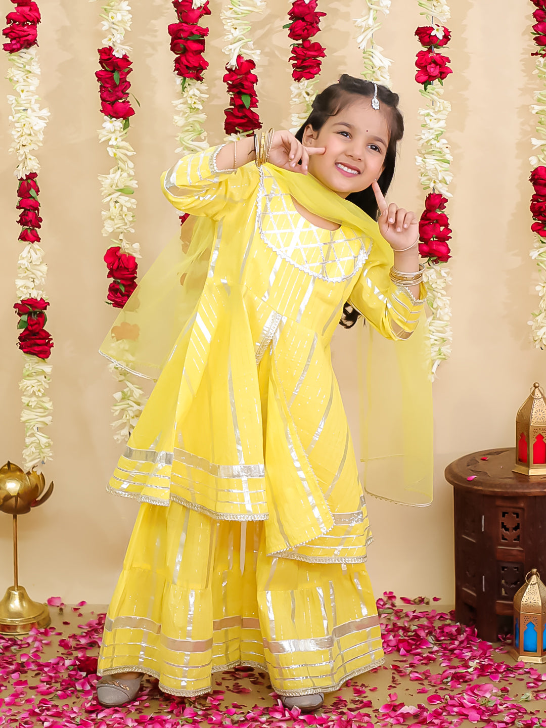 BownBee Pure Cotton Lurex Sharara Set & Kurta Pajama Sibling Set - Yellow