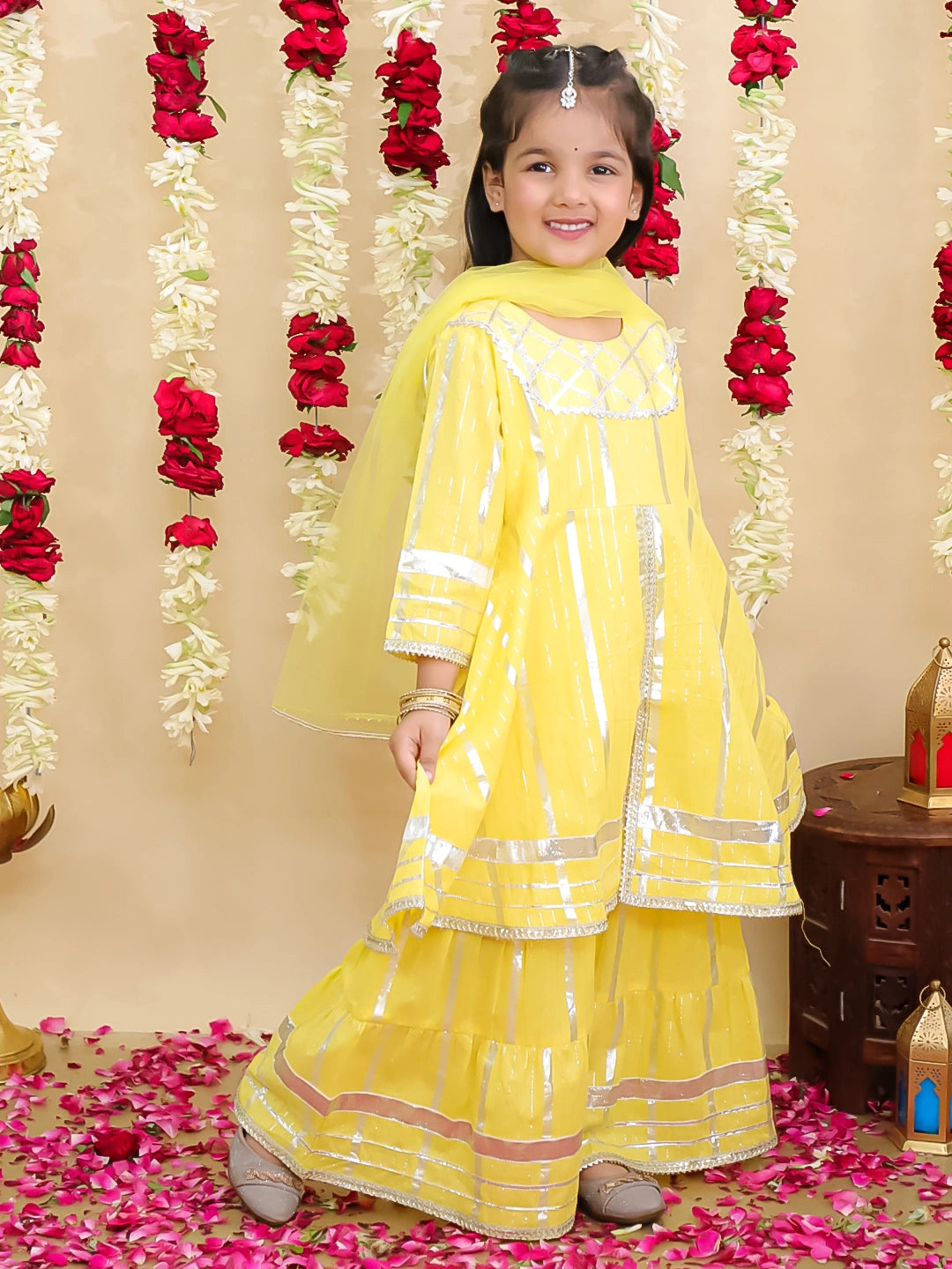 BownBee Pure Cotton Lurex Kurti & Sharara with Dupatta for Girls | Festive Ethnic Wear – Green