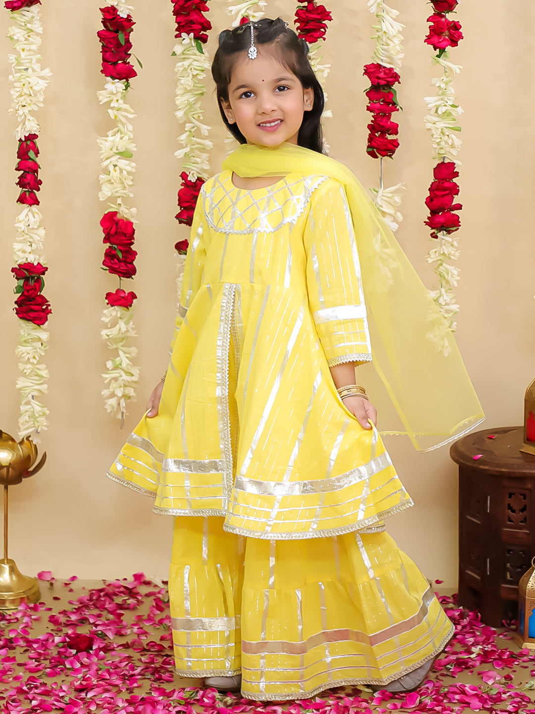 BownBee Pure Cotton Lurex Sharara Set & Kurta Pajama Sibling Set - Yellow