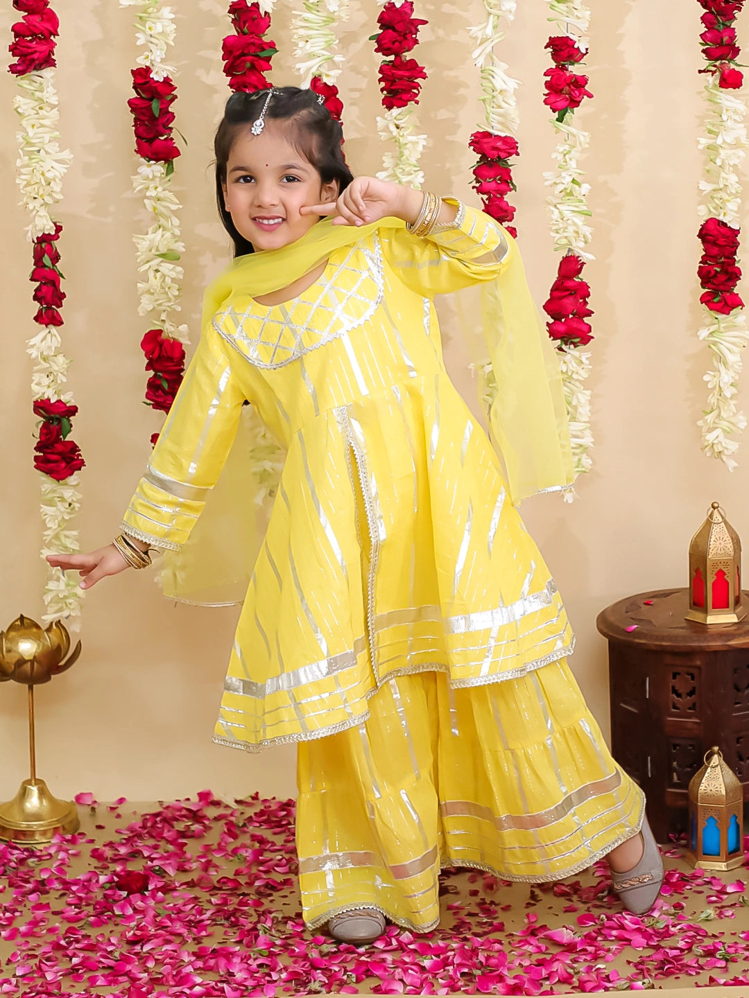 BownBee Pure Cotton Lurex Kurti & Sharara with Dupatta for Girls | Festive Ethnic Wear – Red