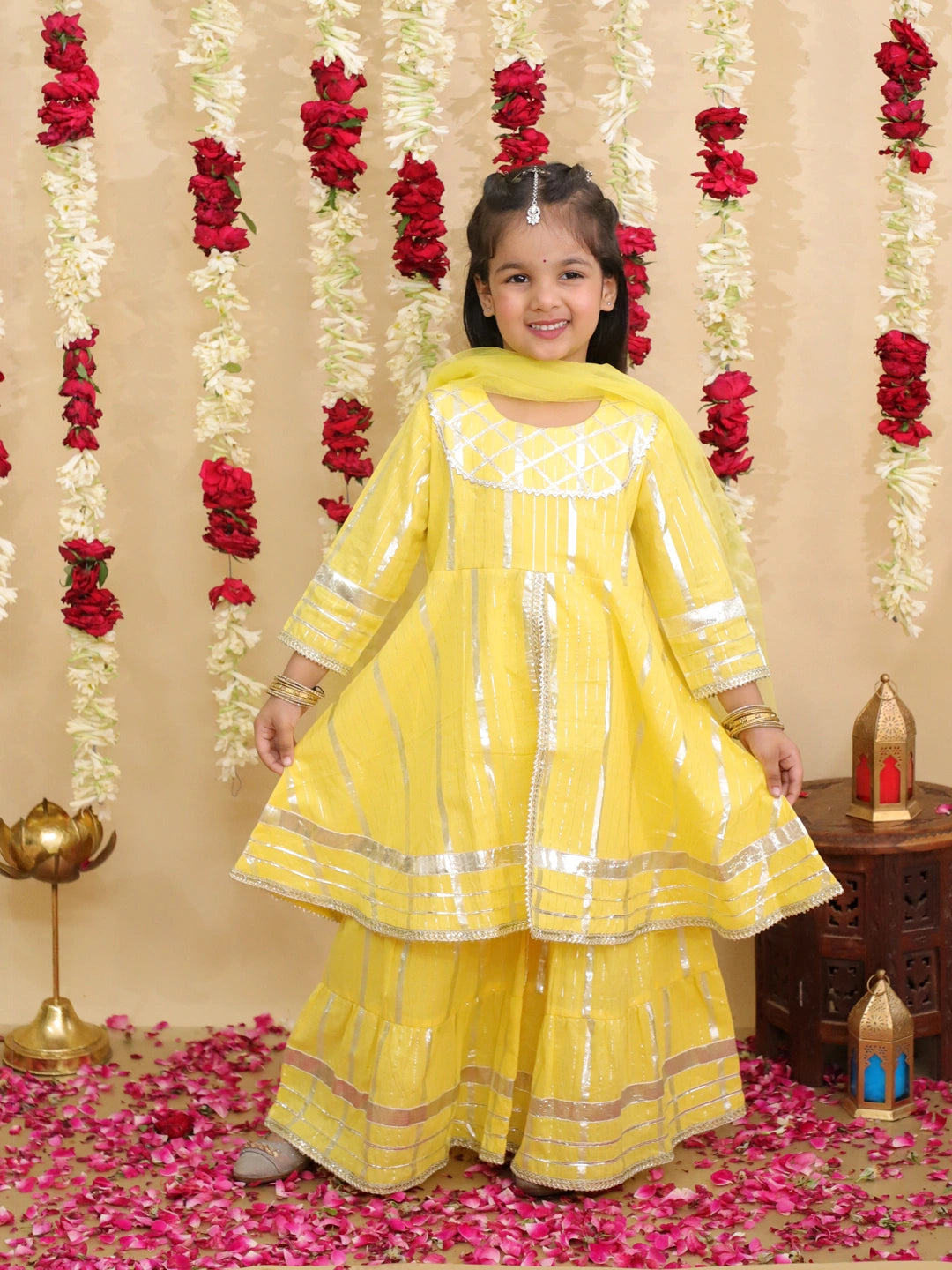 BownBee Pure Cotton Lurex Kurti & Sharara with Dupatta for Girls | Festive Ethnic Wear – Pink