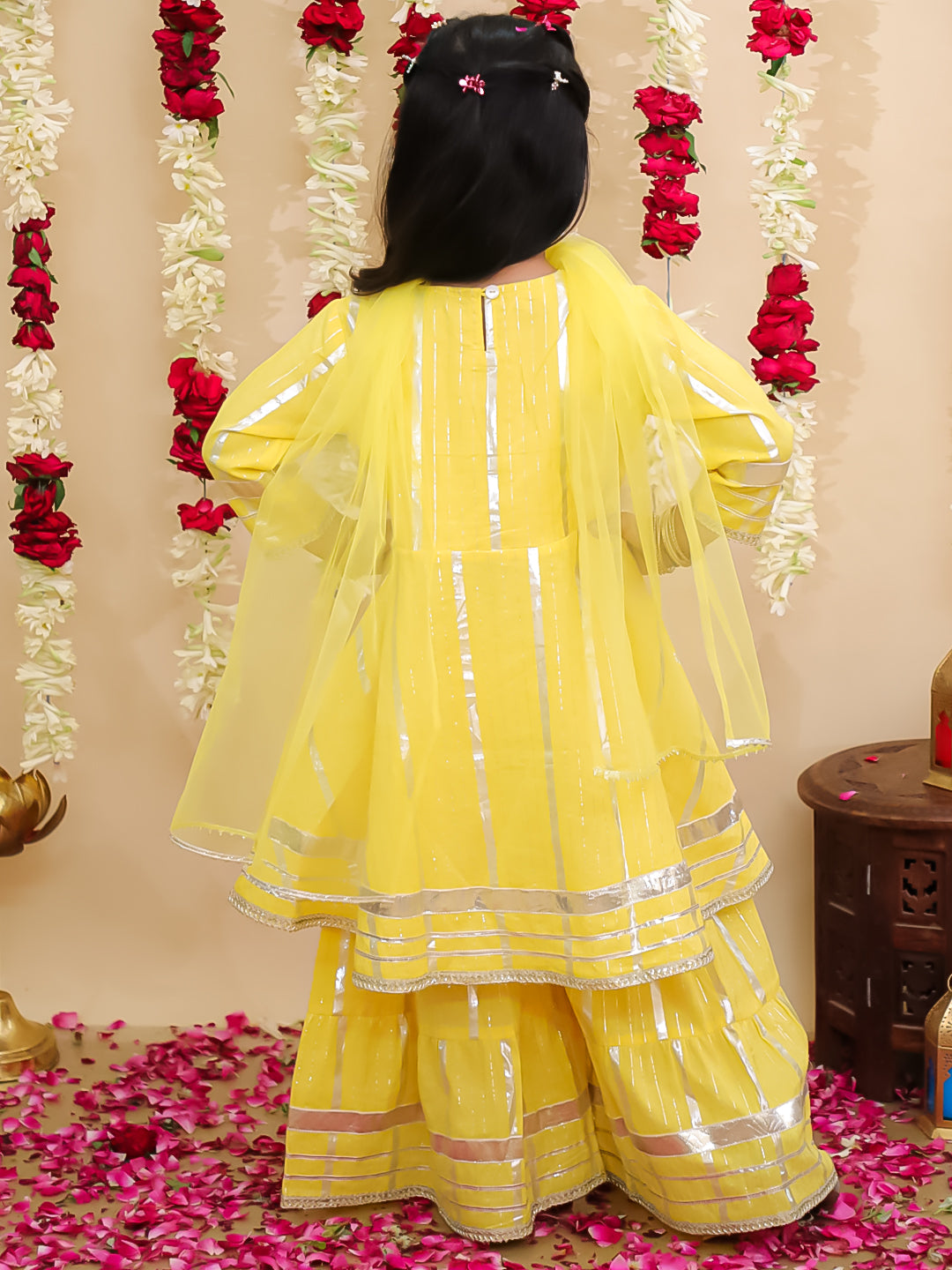 BownBee Pure Cotton Lurex Sharara Set & Kurta Pajama Sibling Set - Yellow
