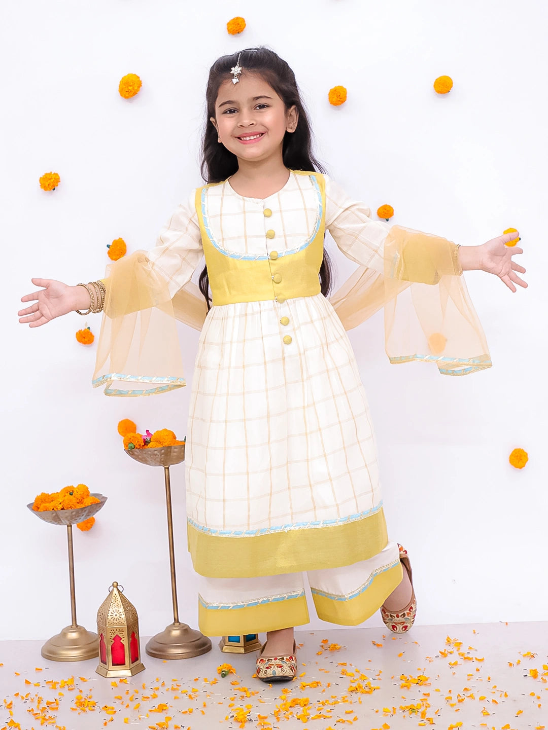 BownBee Pure Cotton Quater Sleeves Anarkali Kurti And Palazo With Dupatta Set For Girls