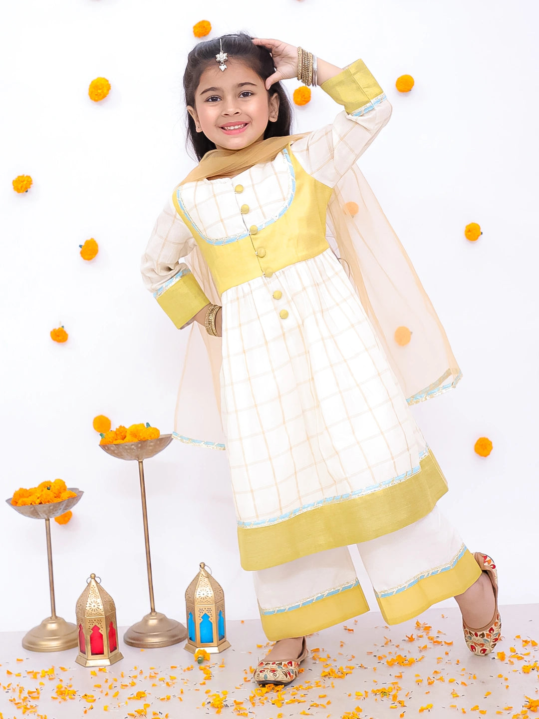 BownBee Pure Cotton Quater Sleeves Anarkali Kurti And Palazo With Dupatta Set For Girls