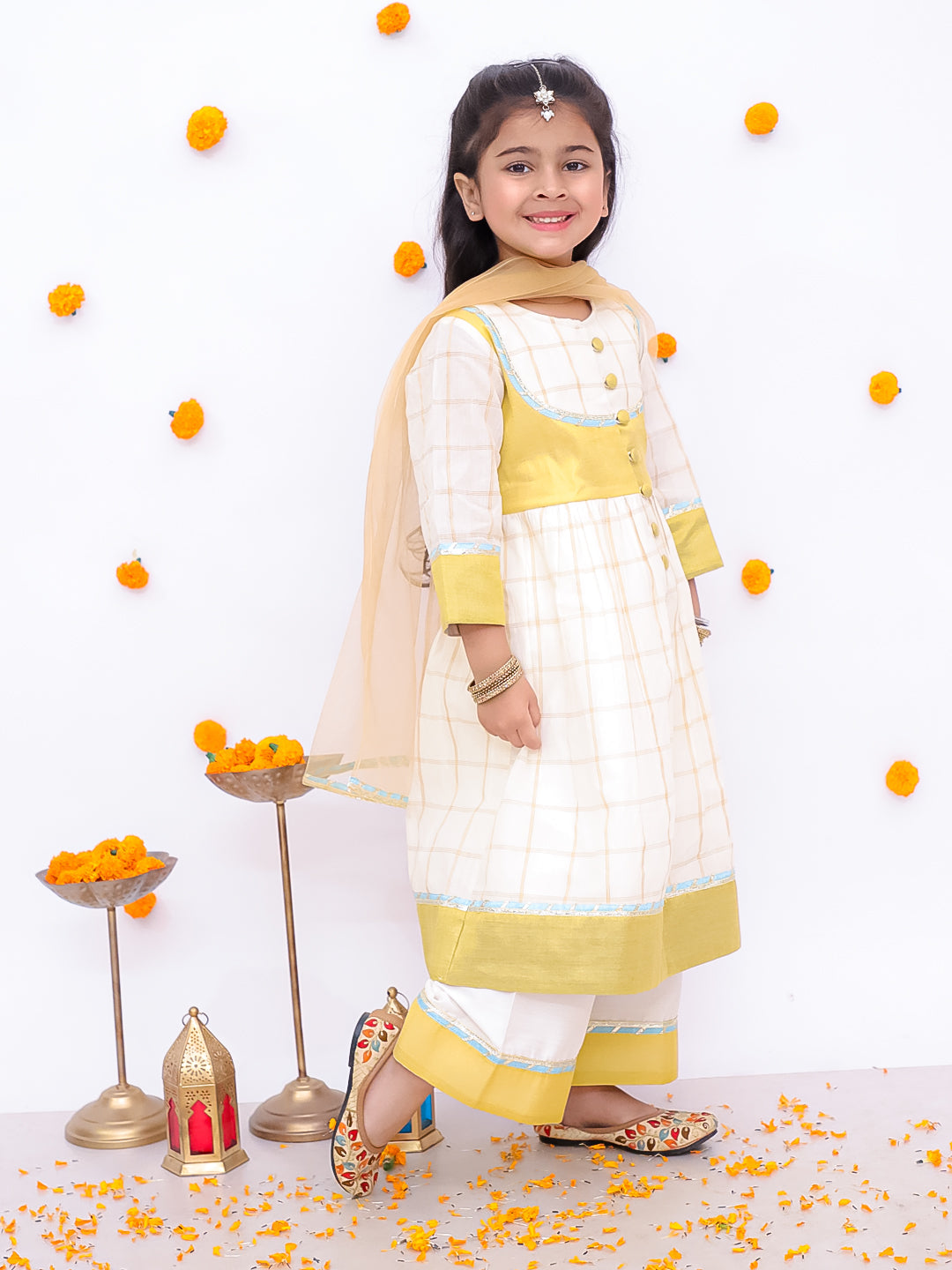BownBee Pure Cotton Quater Sleeves Anarkali Kurti And Palazo With Dupatta Set For Girls - Off White (Pre- Order)
