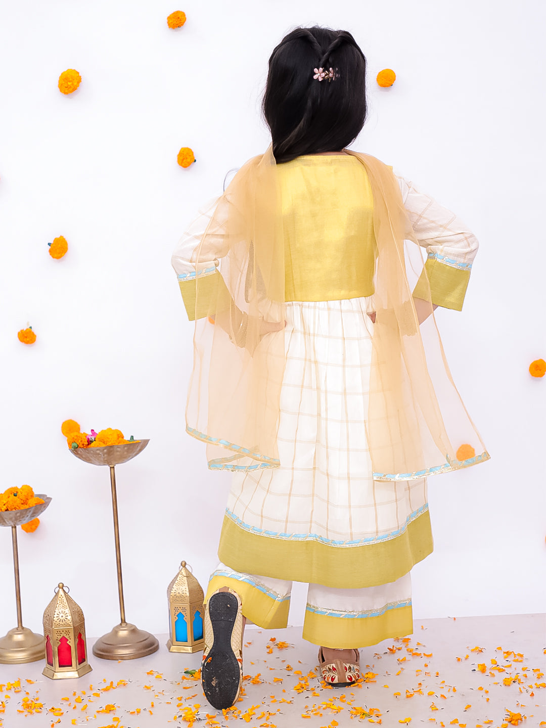 BownBee Pure Cotton Quater Sleeves Anarkali Kurti And Palazo With Dupatta Set For Girls - Off White (Pre- Order)