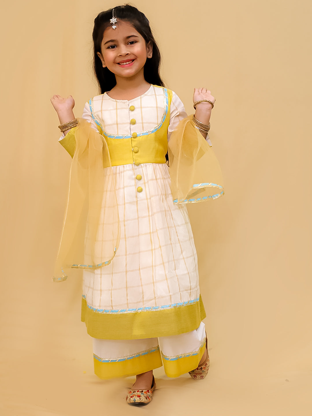 BownBee Pure Cotton Quater Sleeves Anarkali Kurti And Palazo With Dupatta Set For Girls - Yellow (Pre- Order)