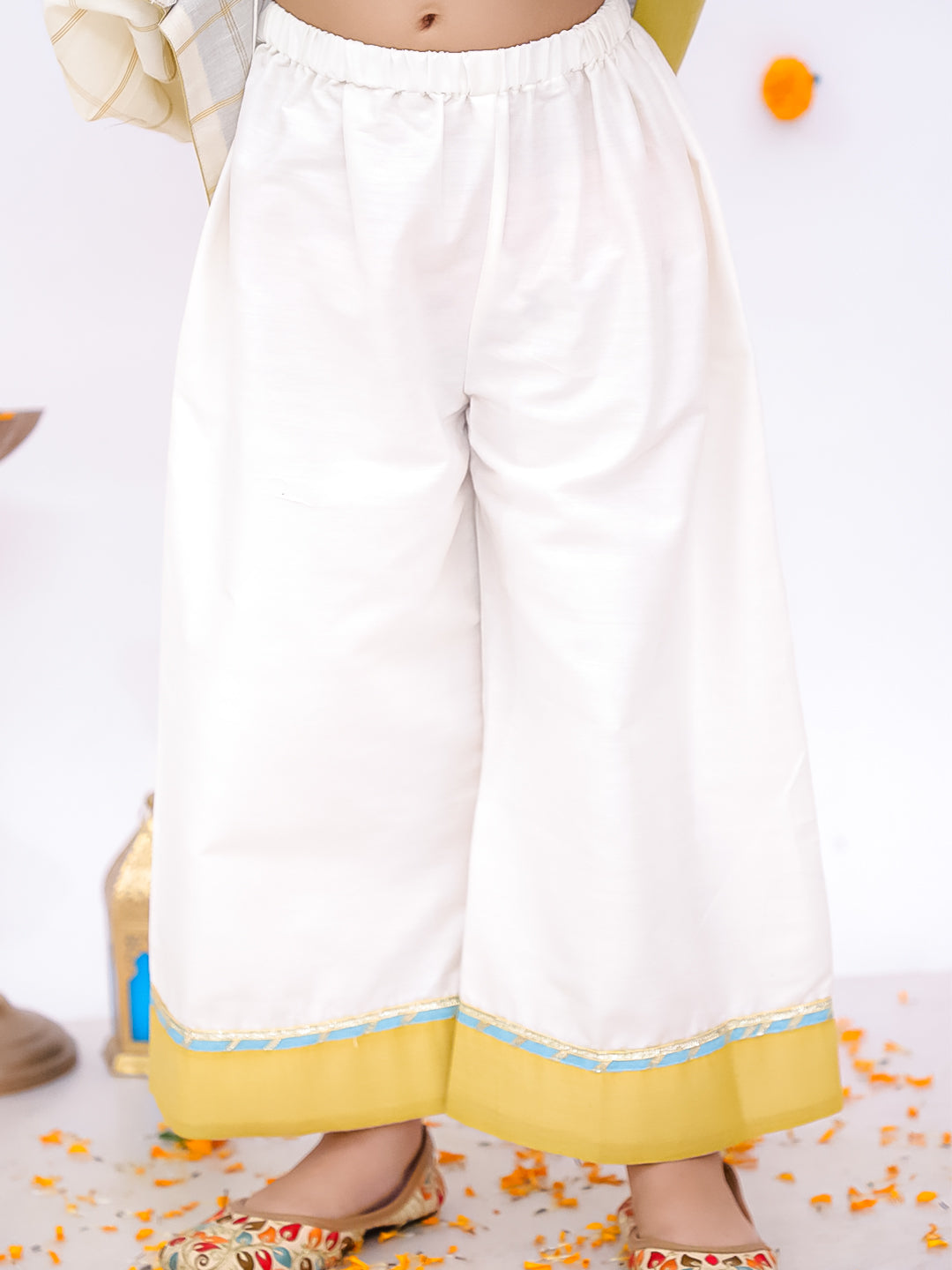BownBee Pure Cotton Quater Sleeves Anarkali Kurti And Palazo With Dupatta Set For Girls - Off White (Pre- Order)