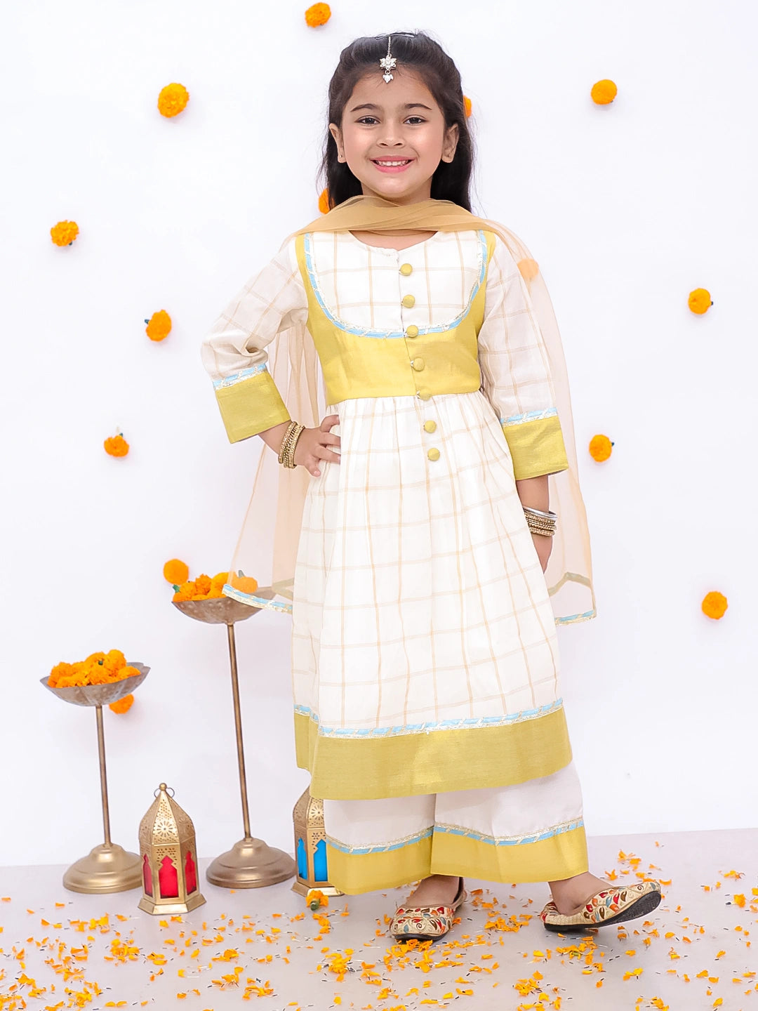 BownBee Pure Cotton Quater Sleeves Anarkali Kurti And Palazo With Dupatta Set For Girls