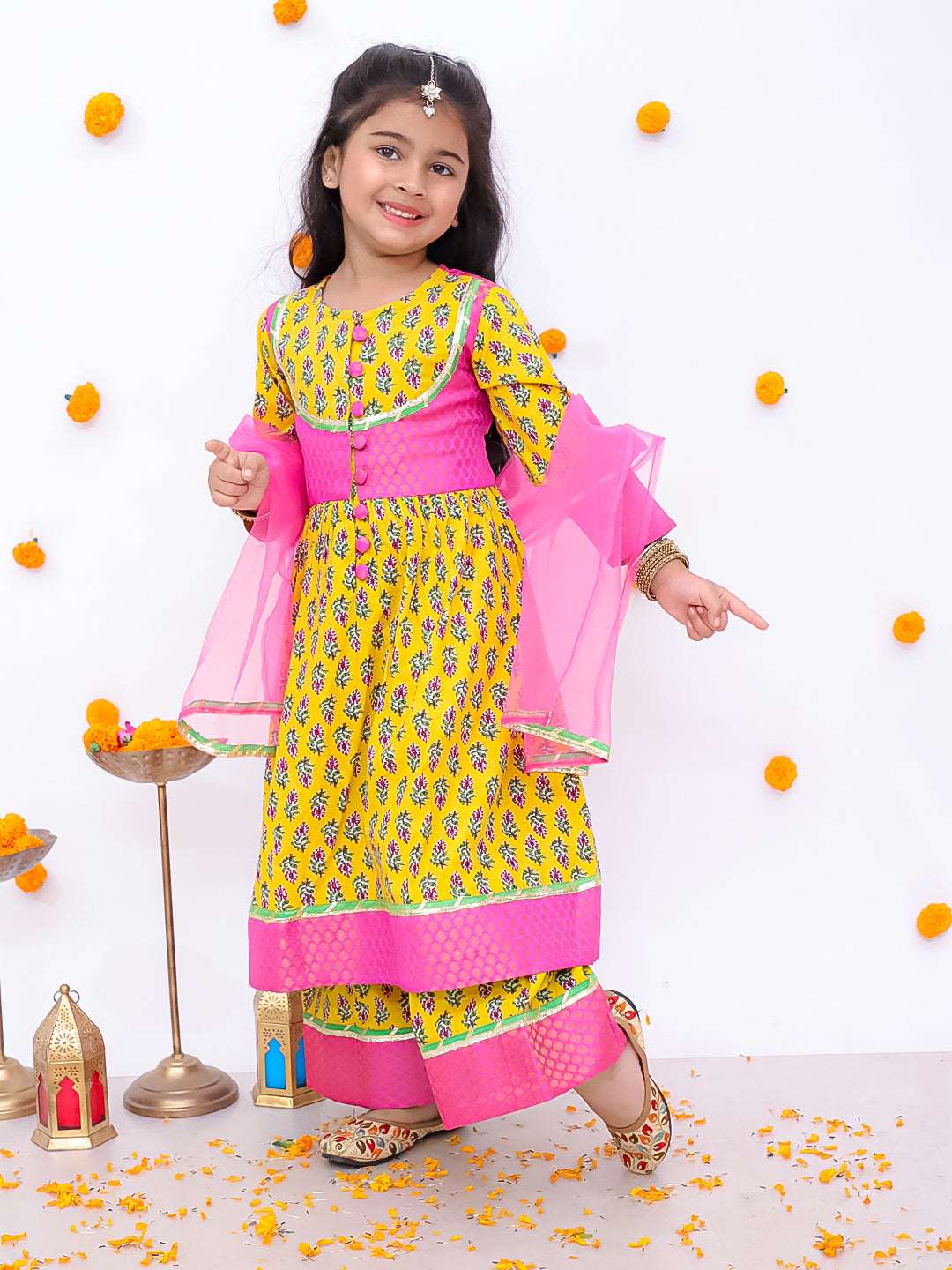 BownBee Pure Cotton Quater Sleeves Anarkali Kurti And Palazo With Dupatta Set For Girls - Off White (Pre- Order)
