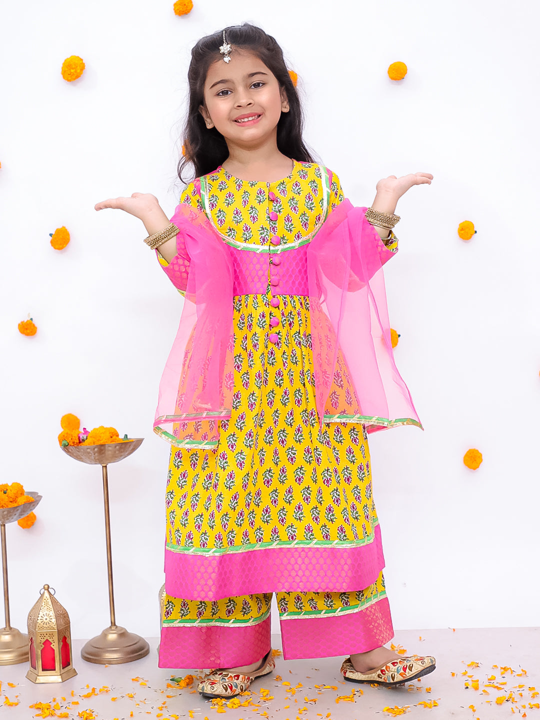 BownBee Pure Cotton Quater Sleeves Anarkali Kurti And Palazo With Dupatta Set For Girls - Off White (Pre- Order)