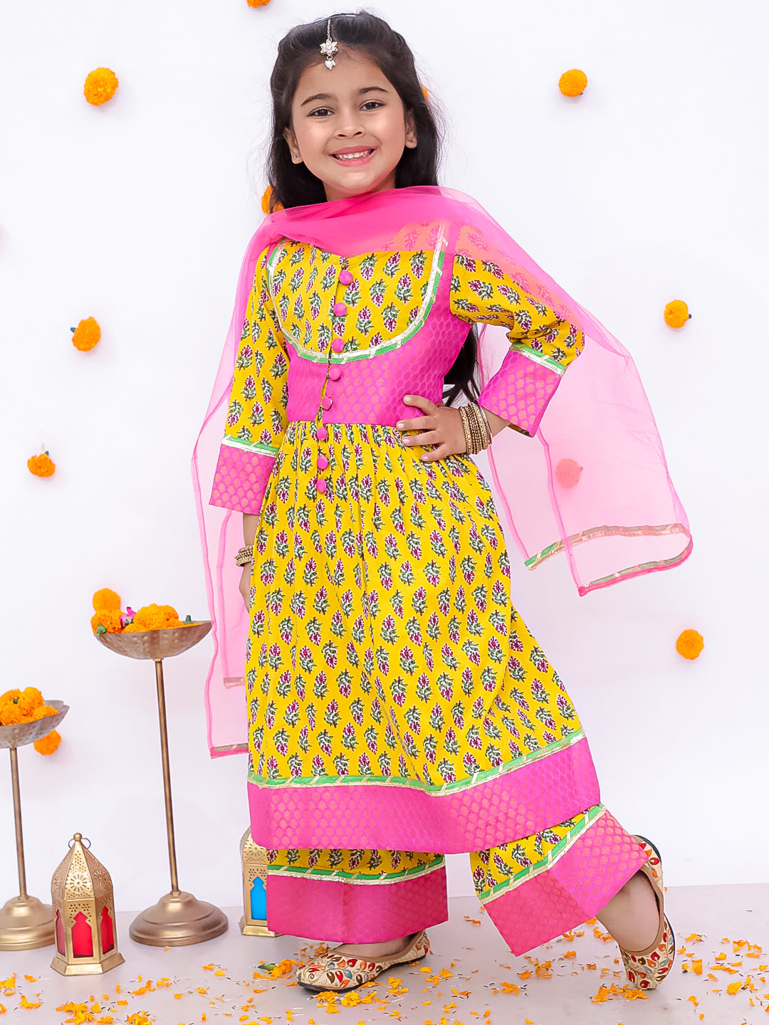 BownBee Pure Cotton Quater Sleeves Anarkali Kurti And Palazo With Dupatta Set For Girls - Off White (Pre- Order)