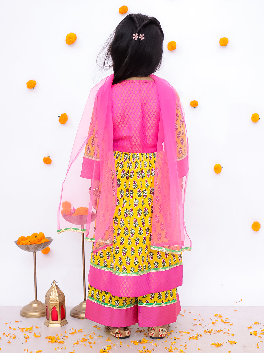 BownBee Pure Cotton Quater Sleeves Anarkali Kurti And Palazo With Dupatta Set For Girls - Yellow (Pre- Order)