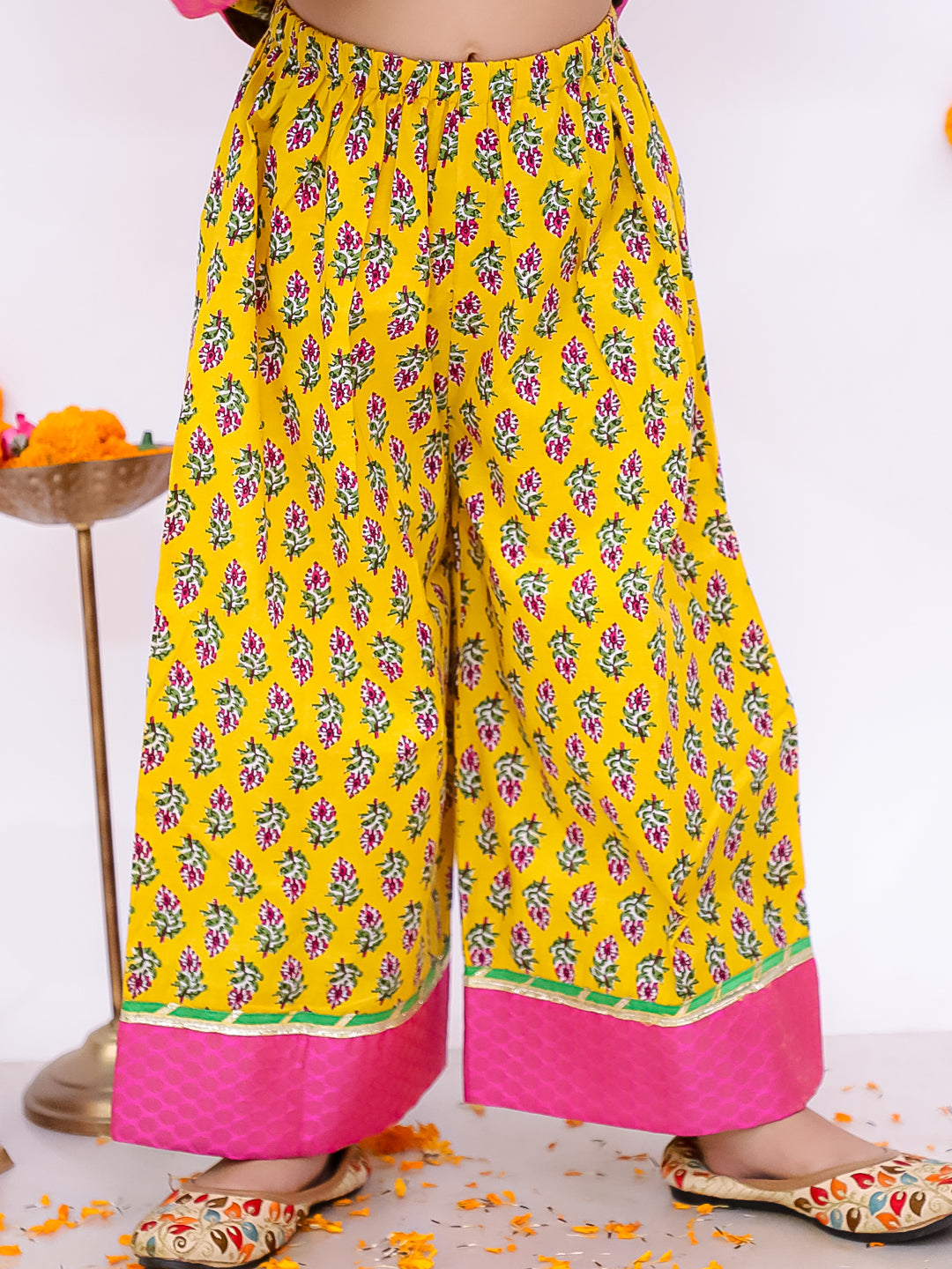 BownBee Pure Cotton Quater Sleeves Anarkali Kurti And Palazo With Dupatta Set For Girls - Yellow (Pre- Order)