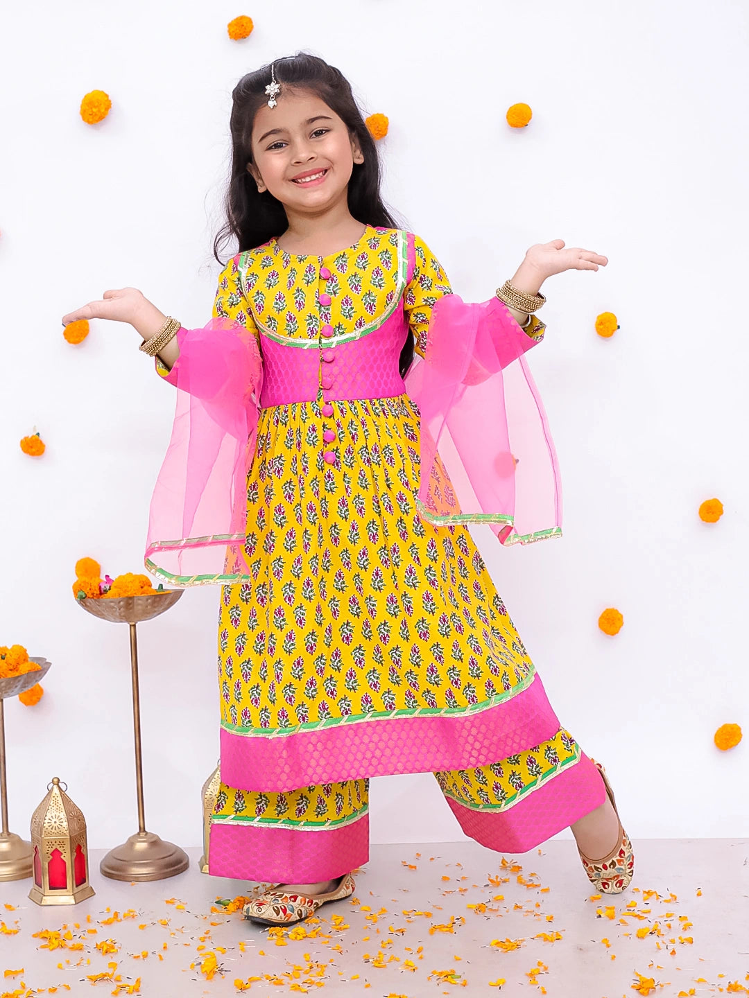 BownBee Pure Cotton Quater Sleeves Anarkali Kurti And Palazo With Dupatta Set For Girls