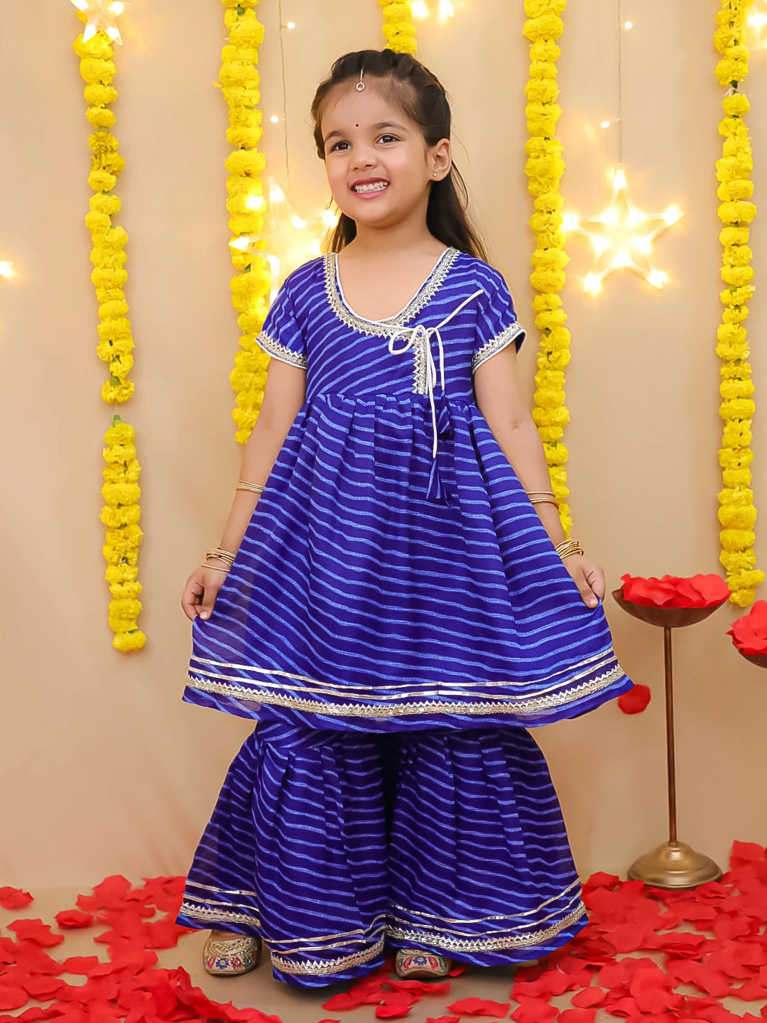 BownBee Girls Ethnic Wear Lehriya Kurti With Sharara Set