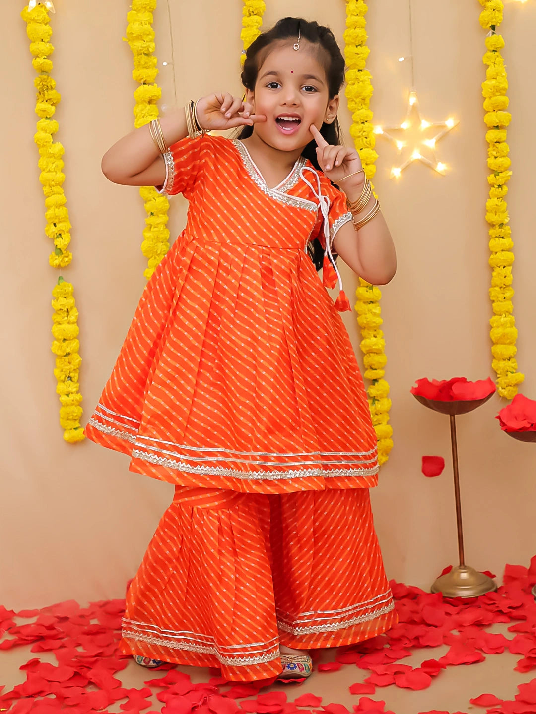 BownBee Girls Ethnic Wear Lehriya Kurti With Sharara Set