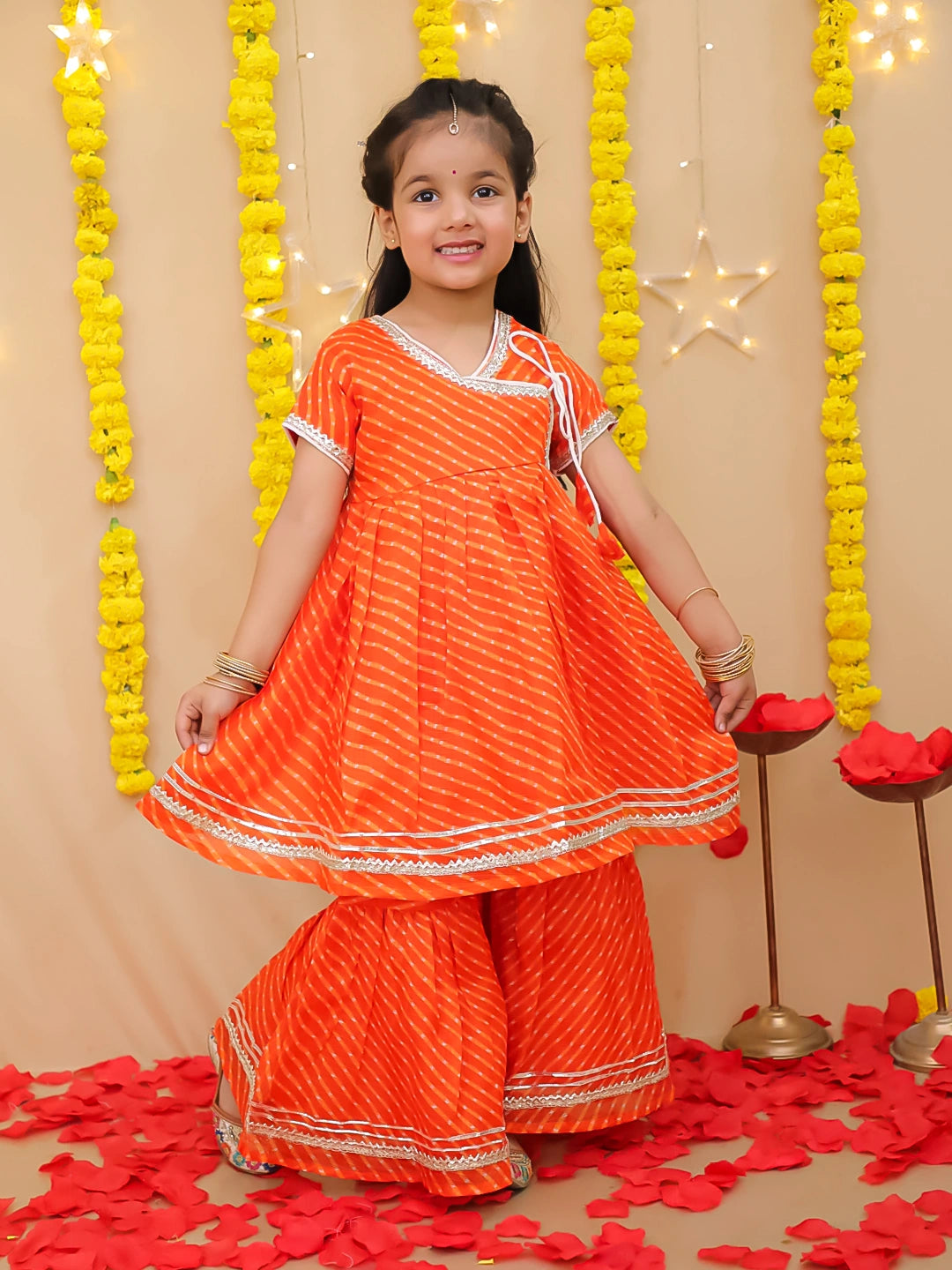 BownBee Girls Ethnic Wear Lehriya Kurti With Sharara Set