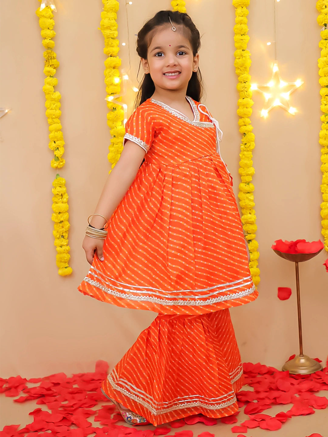 BownBee Girls Ethnic Wear Lehriya Kurti With Sharara Set