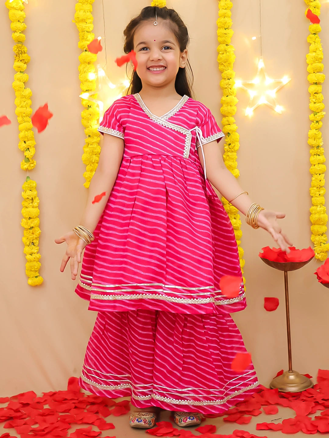 BownBee Girls Ethnic Wear Lehriya Kurti With Sharara Set