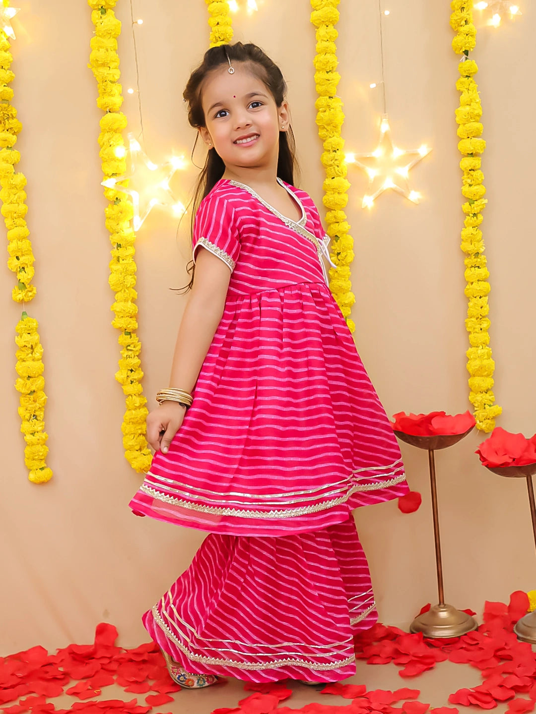 BownBee Girls Ethnic Wear Lehriya Kurti With Sharara Set