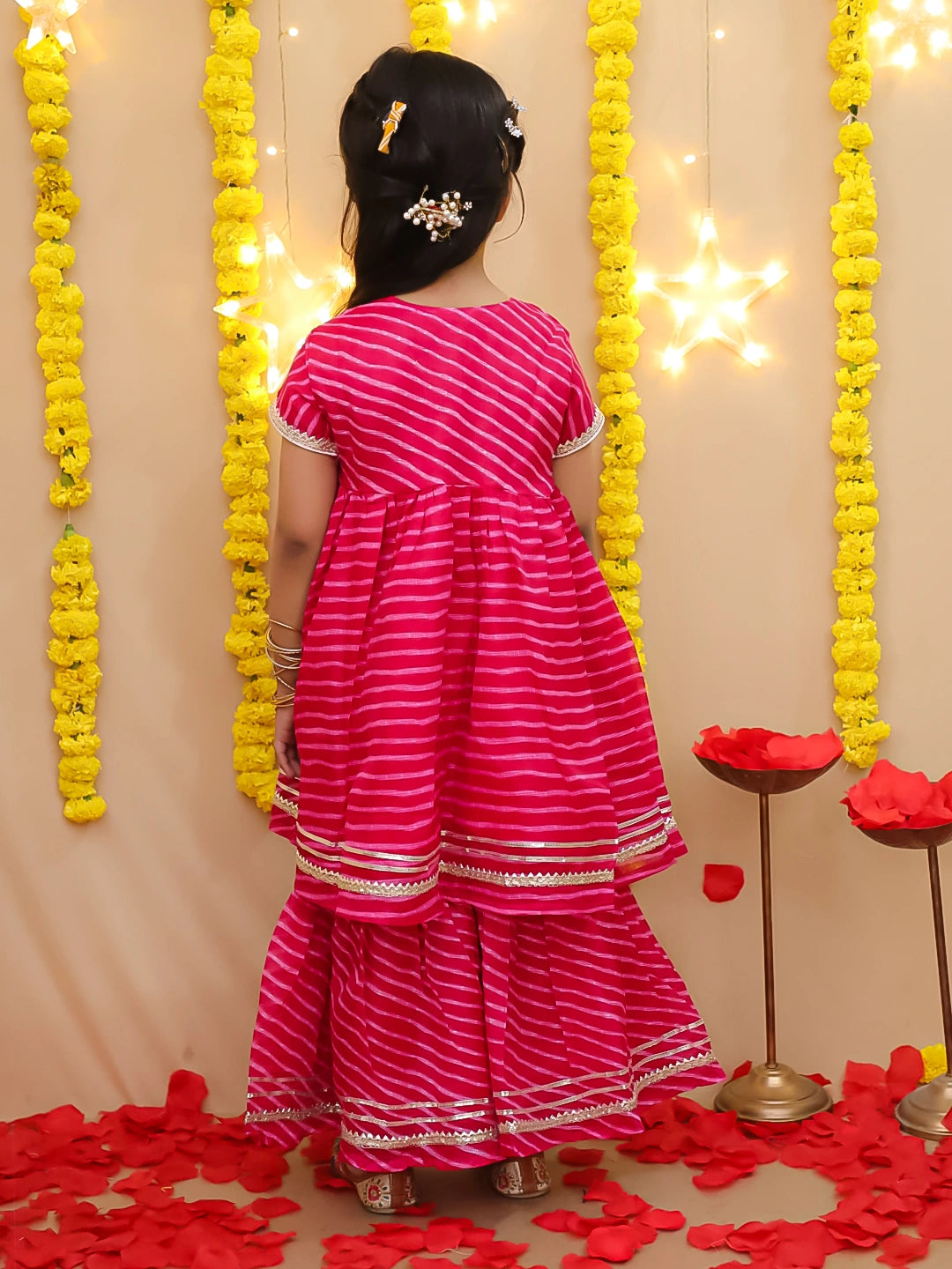 BownBee Girls Ethnic Wear Lehriya Kurti With Sharara Set