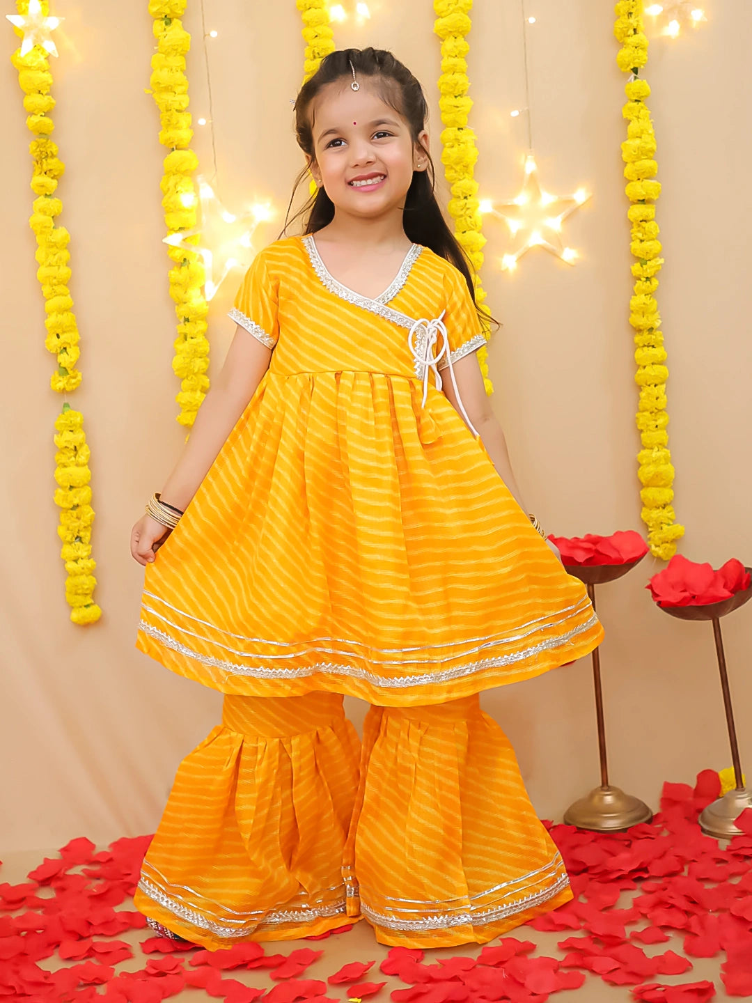 BownBee Girls Ethnic Wear Lehriya Kurti With Sharara Set