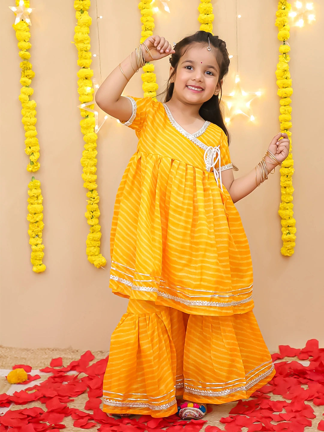 BownBee Girls Ethnic Wear Lehriya Kurti With Sharara Set