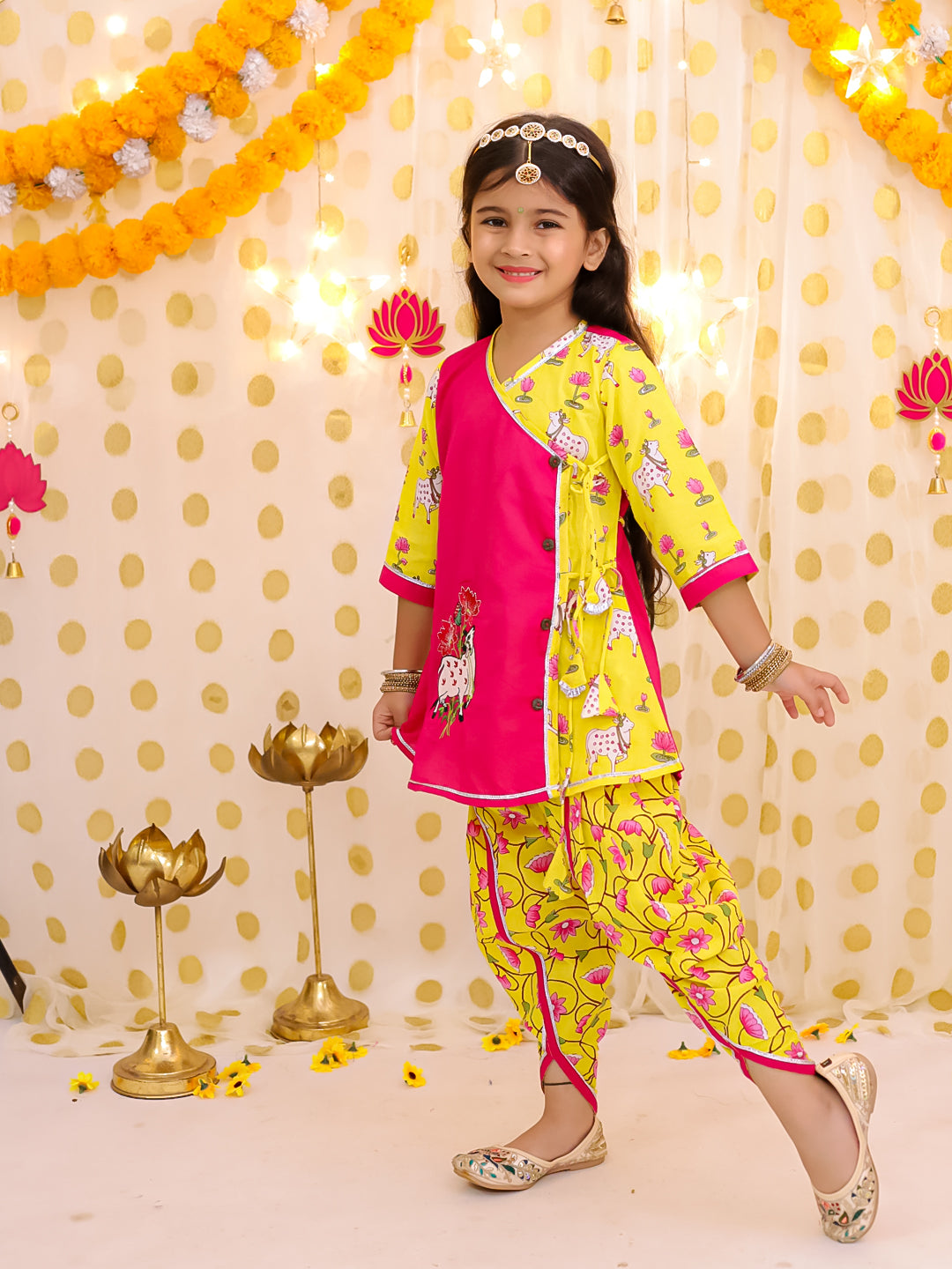 BownBee Pure Cotton Embroidered Kurti Dhoti With Dhoti Kurta Sibling Set - Pink